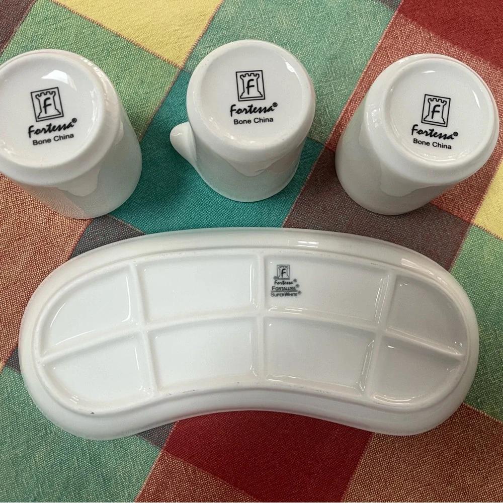White Ceramic 3-Piece Serveware Set - Trio Dishes with Sauce Pourer